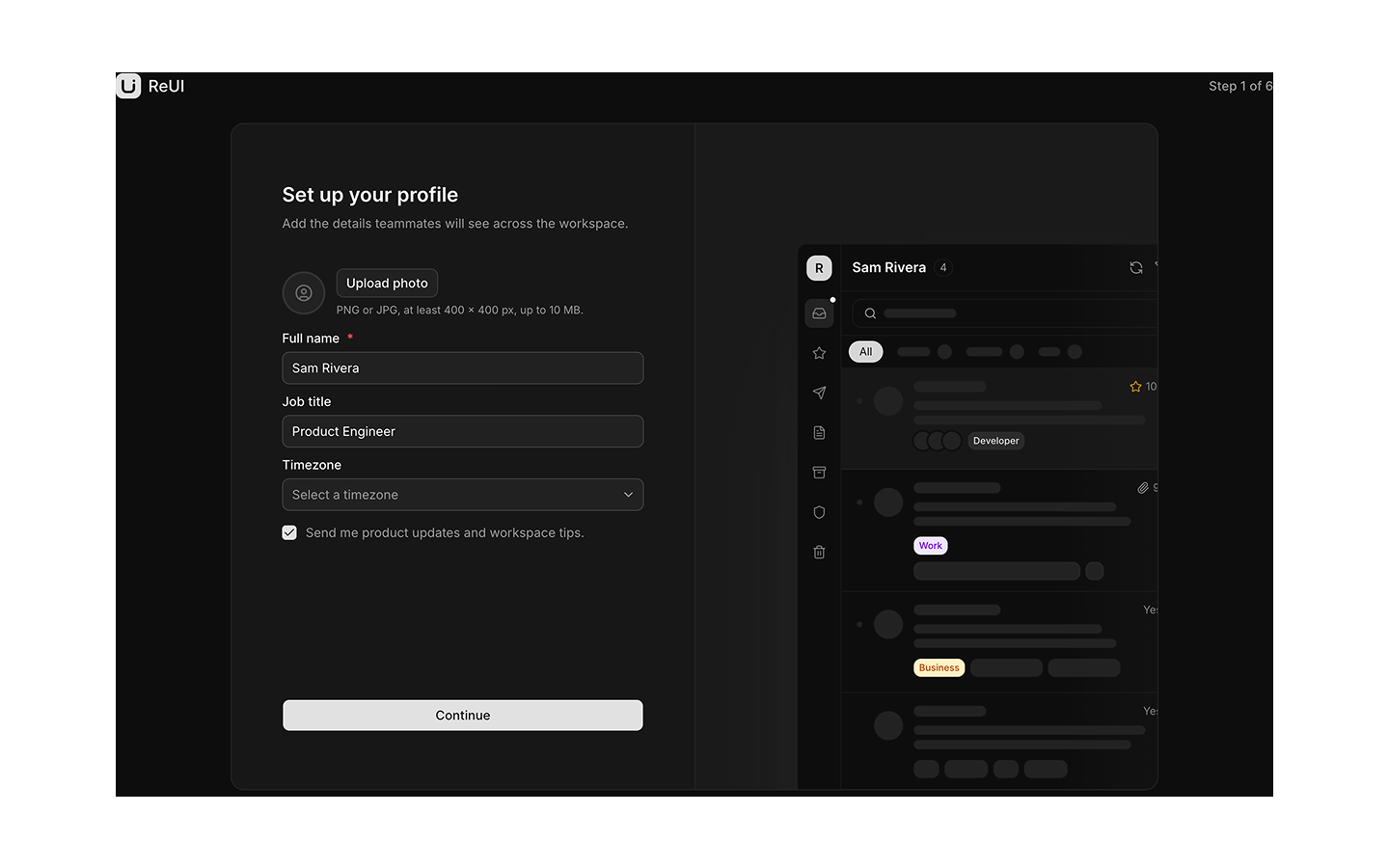 Onboarding blocks preview (dark)
