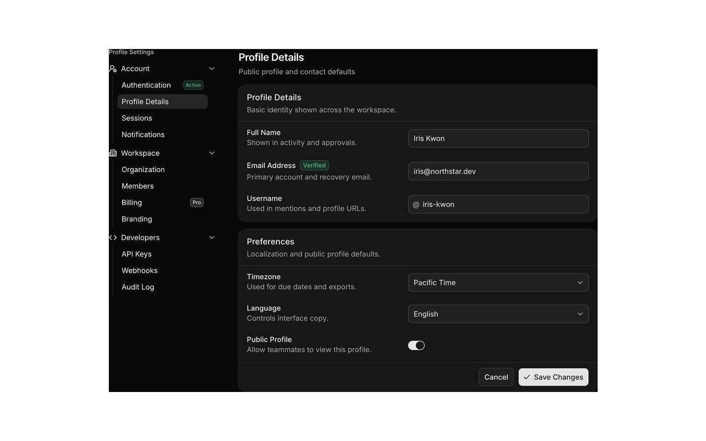 Profile blocks preview (dark)