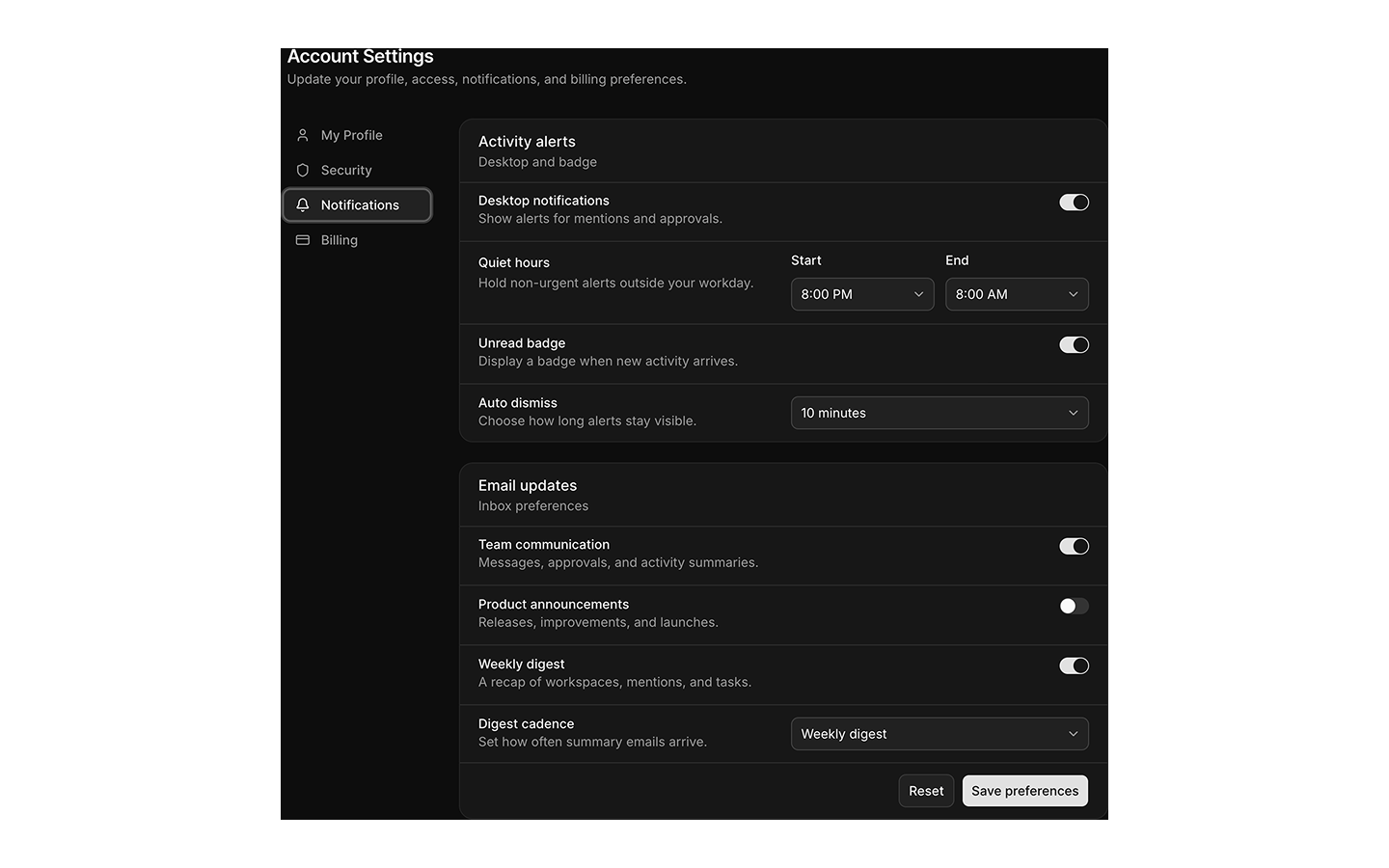 Settings blocks preview (dark)