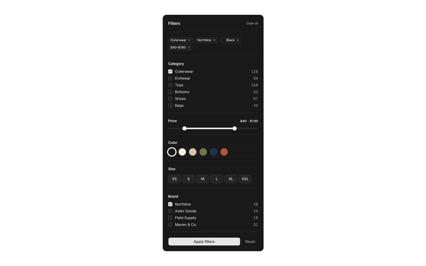 Filter Sidebar blocks preview (dark)