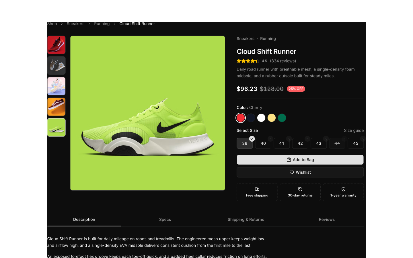 Product Detail blocks preview (dark)