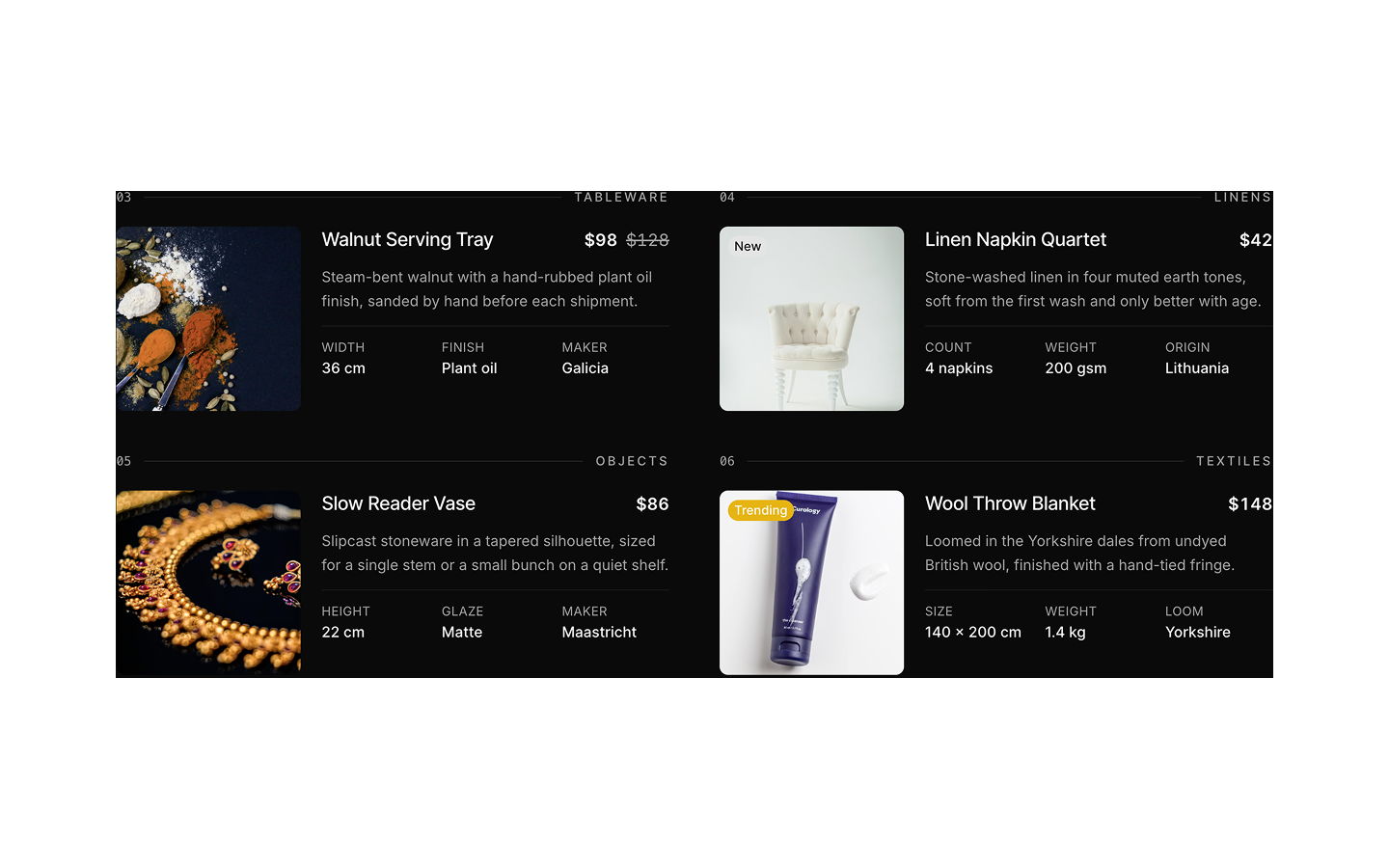 Product Grid blocks preview (dark)