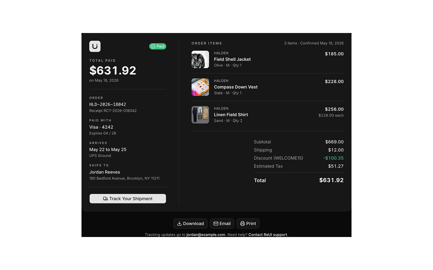 Receipt blocks preview (dark)