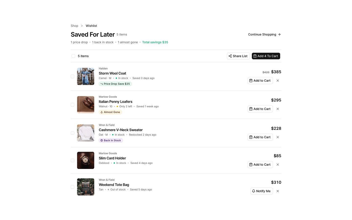 Wishlist blocks preview
