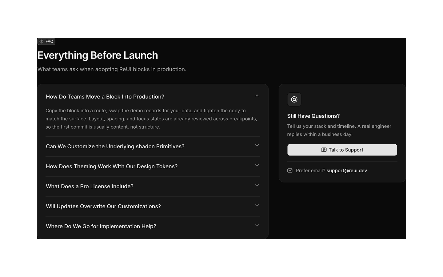 FAQ blocks preview (dark)