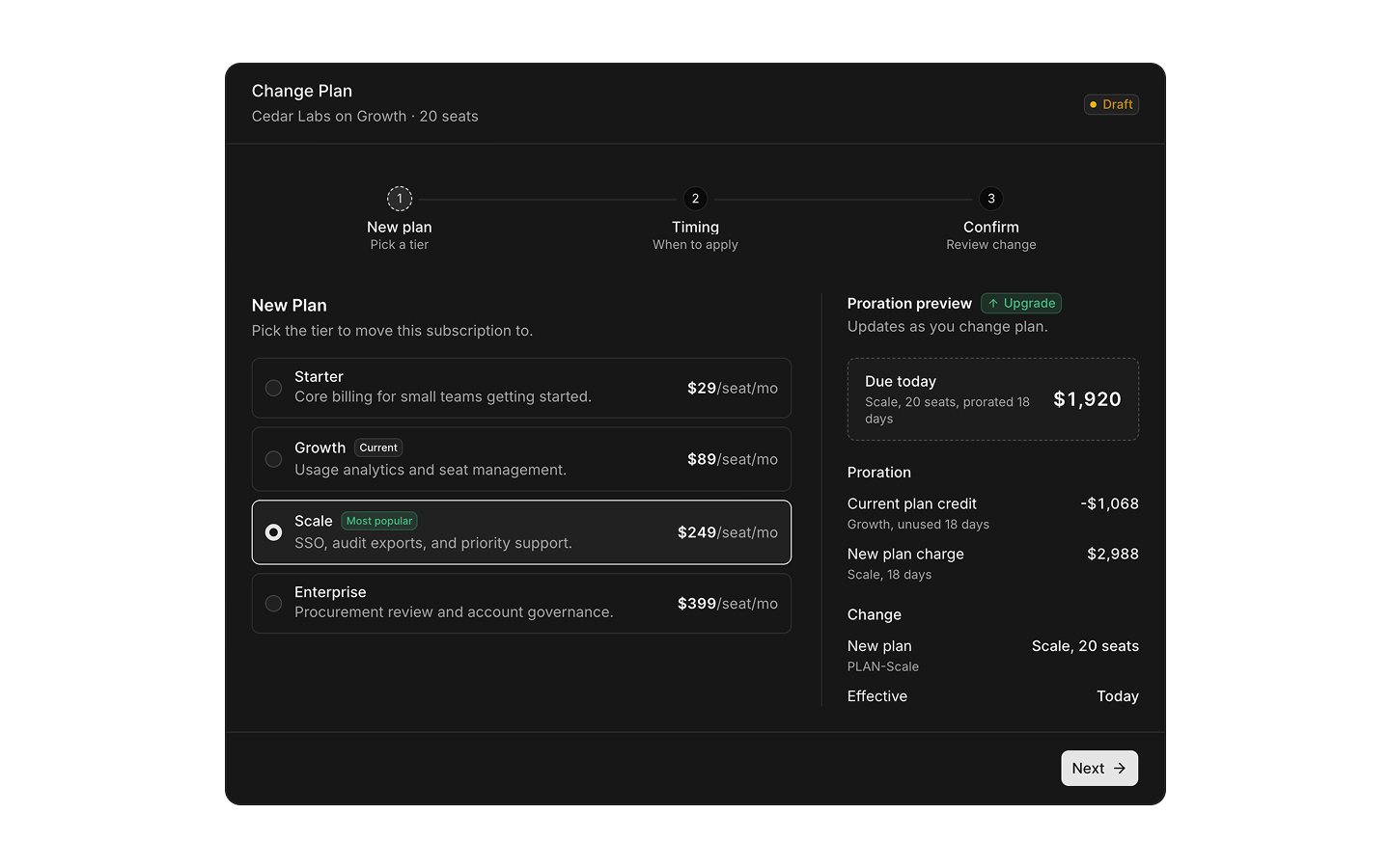 Billing blocks preview (dark)